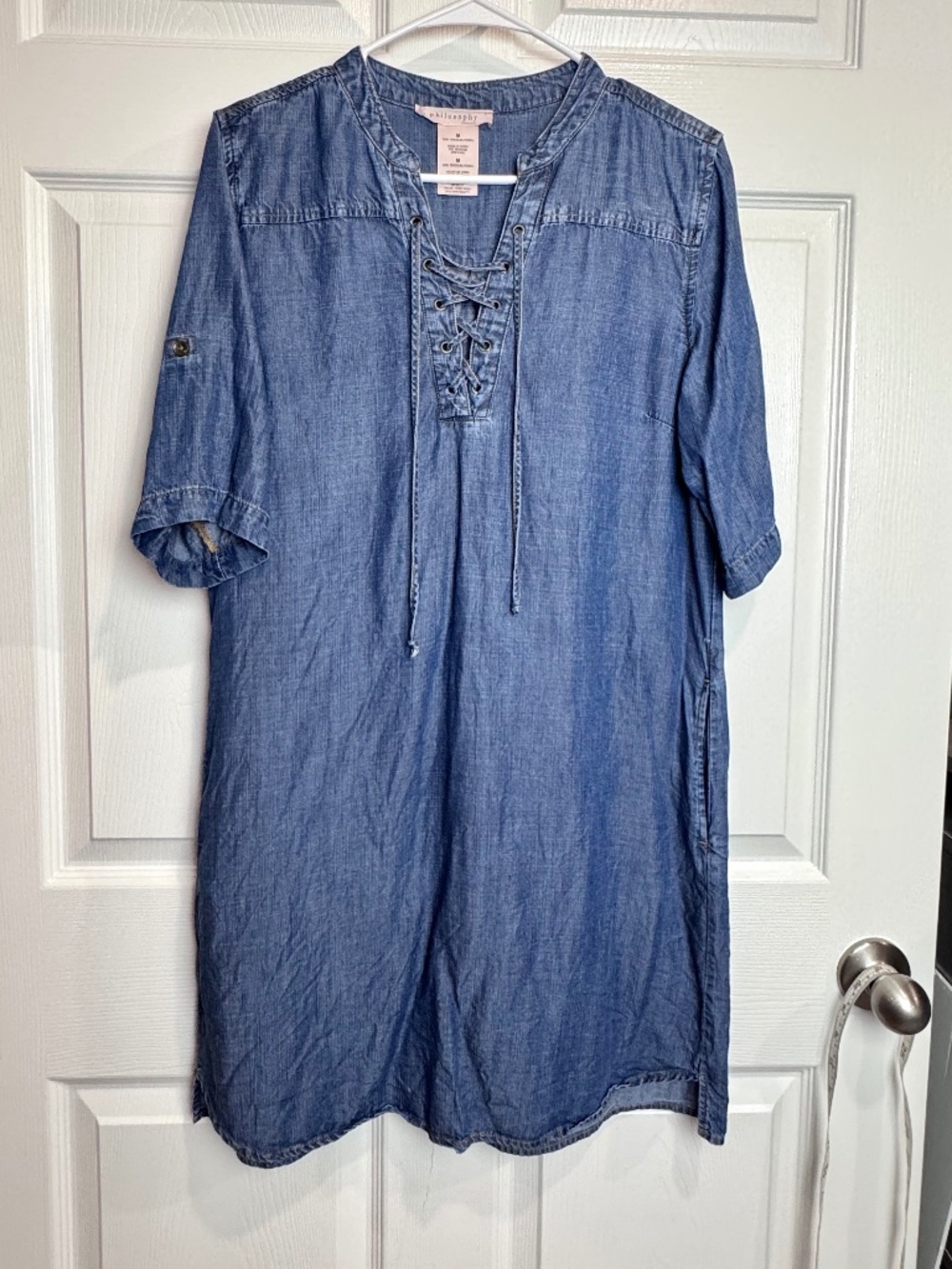 Philosophy Denim Shift Dress w Lace Up Neckline 3/4 Sleeves Size Medium